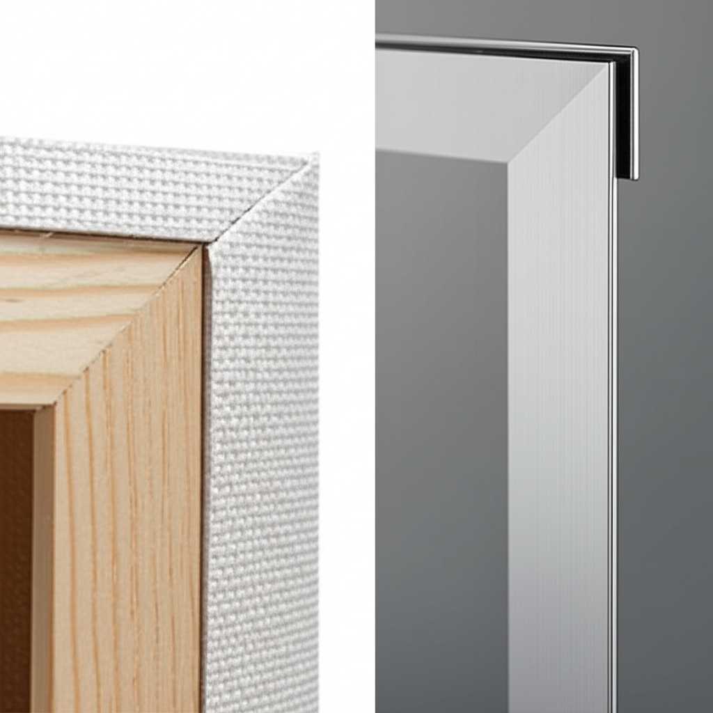 Side-by-side conceptual image showing the edge profile and surface texture of a generic canvas print versus a generic sleek metal print.