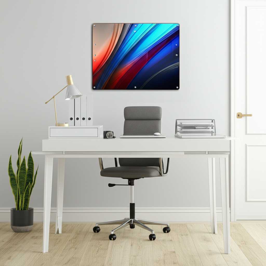 A modern home office with an inspiring abstract metal art print on the wall behind the desk, visible in a "virtual meeting" view.