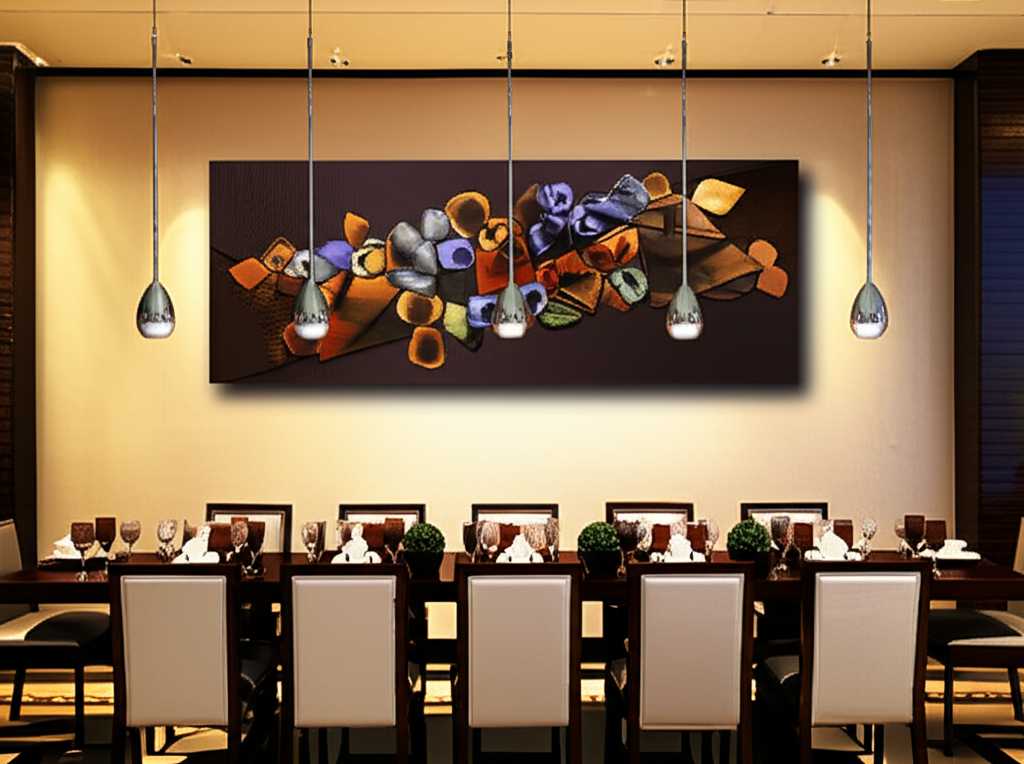 An elegant dining room where a sophisticated abstract metal art piece hangs on the main wall, complemented by stylish pendant lighting above the dining table.