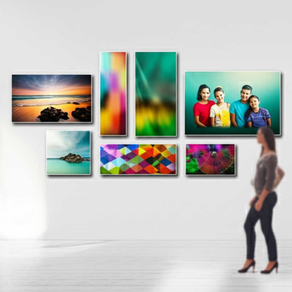A person admiring a gallery wall of various sized metal prints in a bright, modern home, showing diverse subjects like travel photos, family portraits, and abstract art, all looking vibrant and sharp.