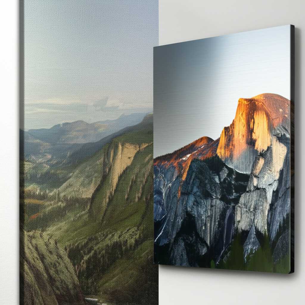 Side-by-side comparison: a generic canvas print looking dull next to a vibrant, sleek generic metal print with light reflecting off its surface