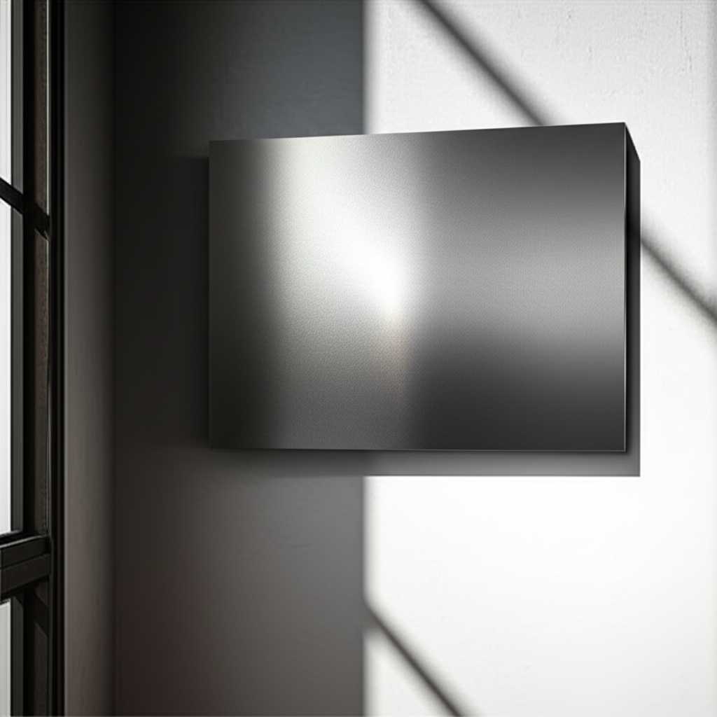 A hallway or room corner where a shaft of natural light from a window strikes a generic metal art print, dramatically illuminating its surface and highlighting its reflective or textural qualities.
