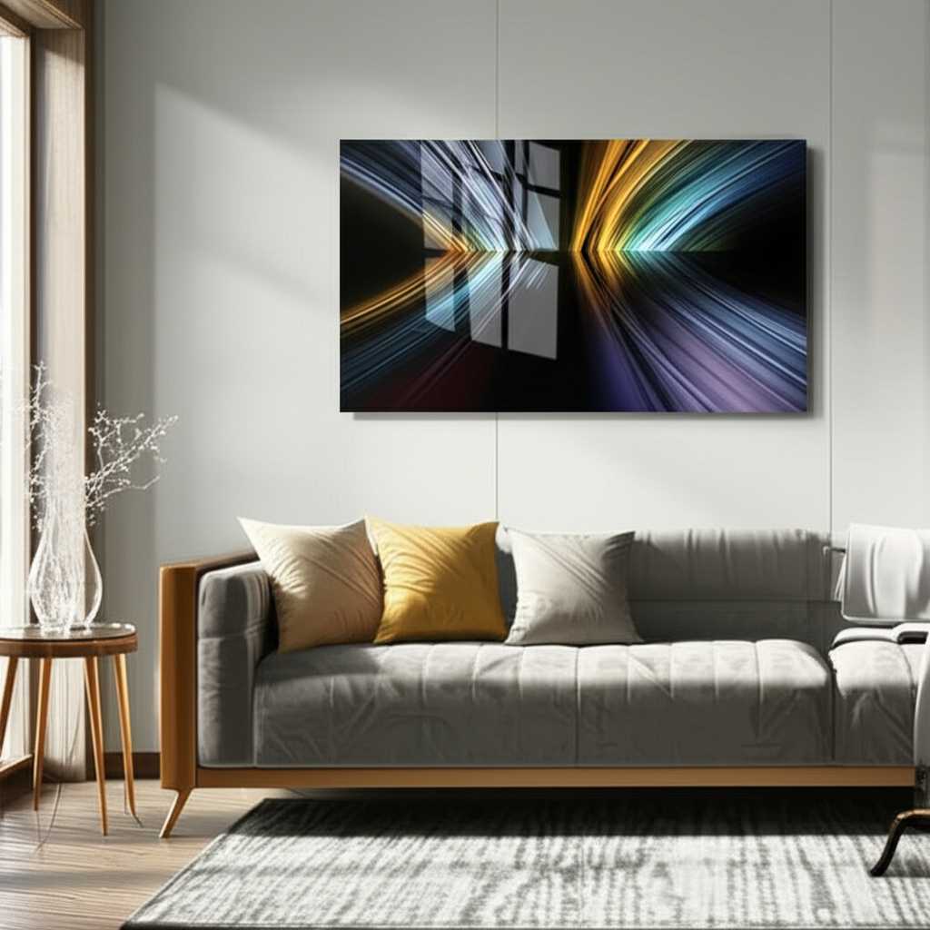 Stunning abstract metal art print reflecting light in a modern, minimalist living room.