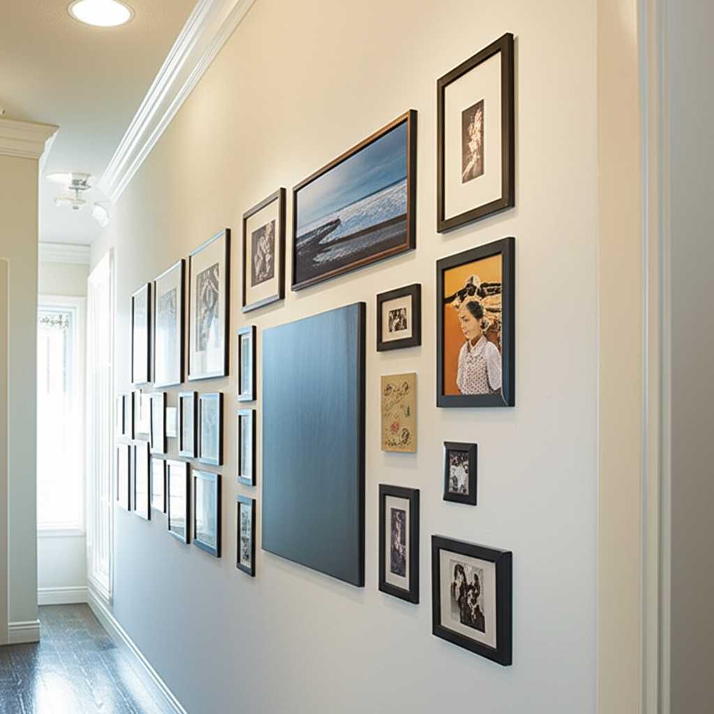 A stylish gallery wall in a hallway featuring a mix of metal prints and framed photos, all harmoniously arranged.