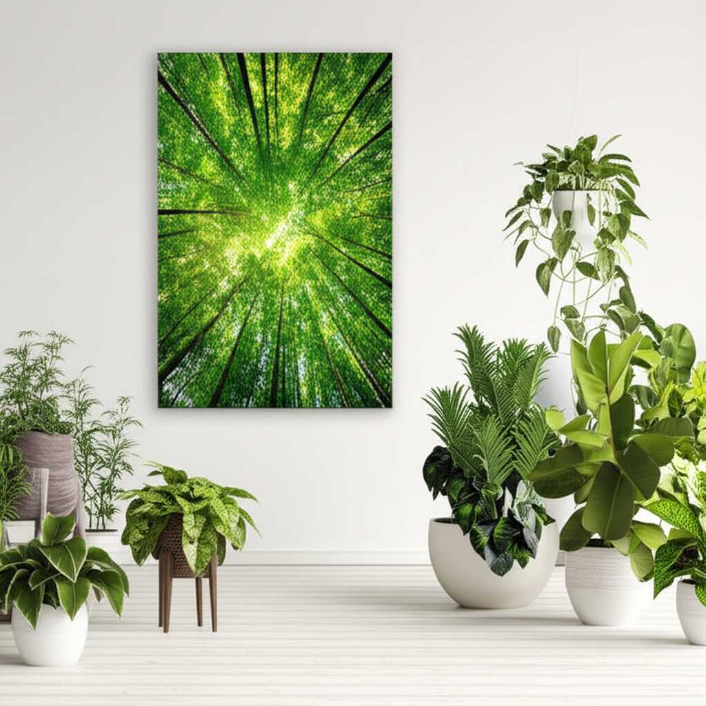 A living room with green accent pillows and plants, complemented by a metal wall art print of a lush, detailed forest canopy.