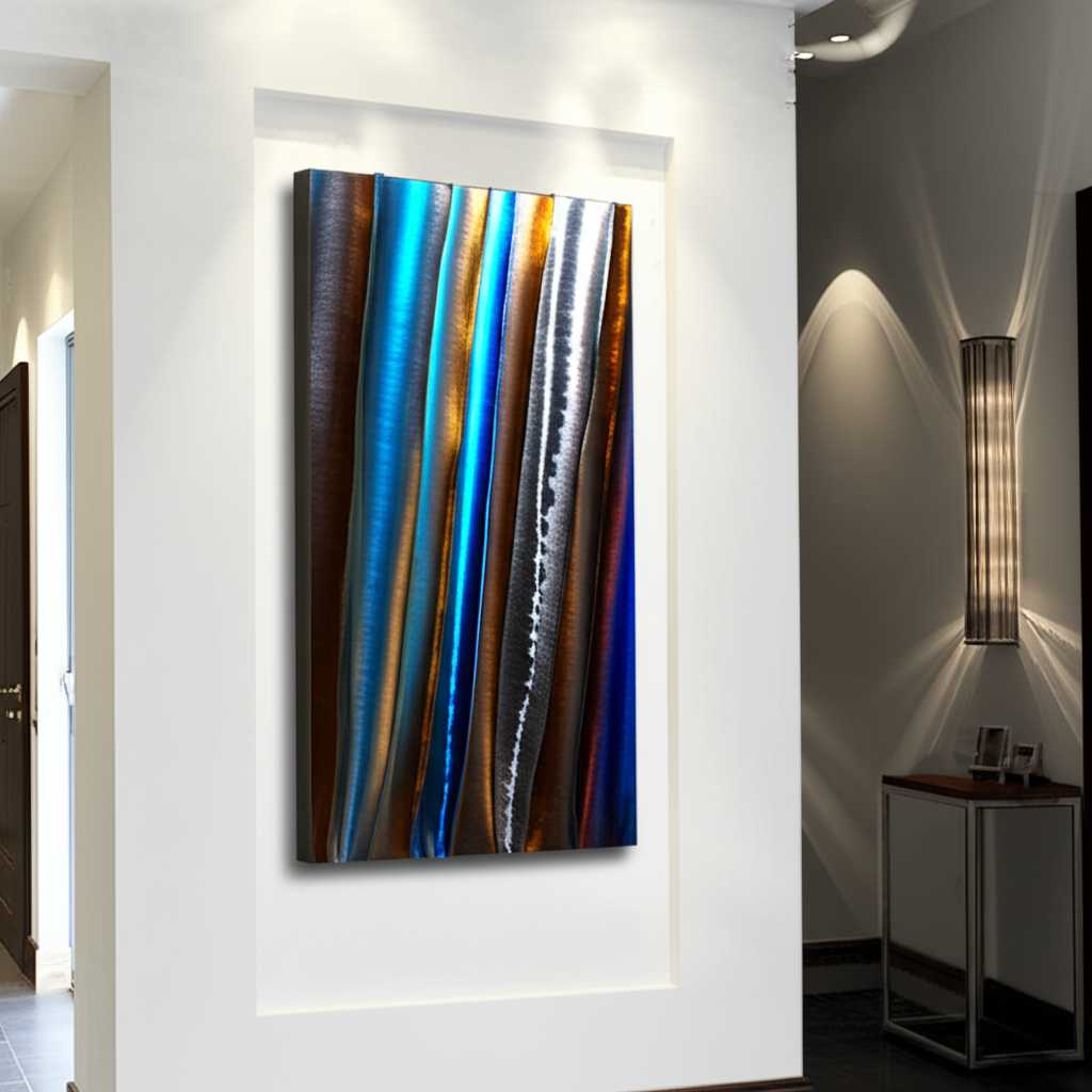 A captivating abstract metal art piece casting subtle reflections in a modern, minimalist entryway, hinting at its textured surface.