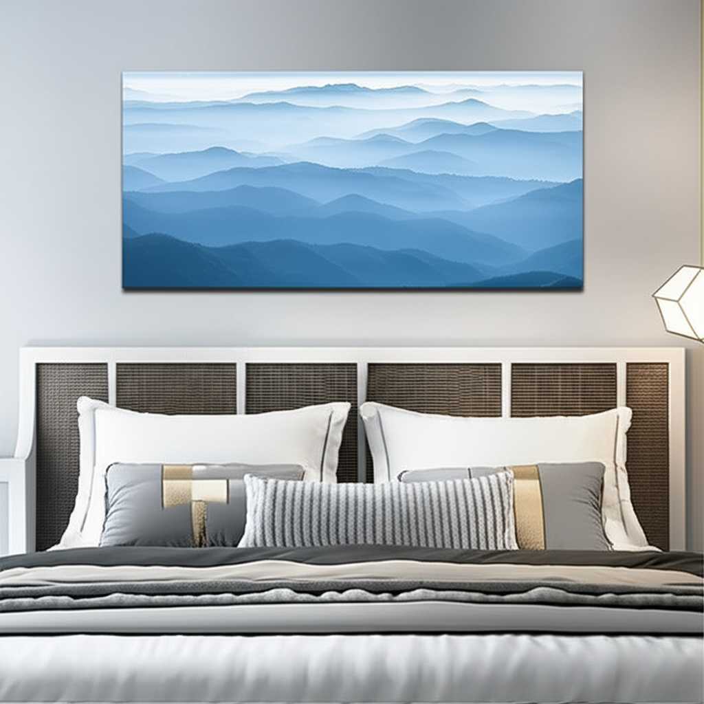 A serene bedroom with a bed made with crisp white linens. Above the headboard, a vertical metal print shows a peaceful, minimalist photo of a single green leaf with water droplets, creating a spa-like feeling.