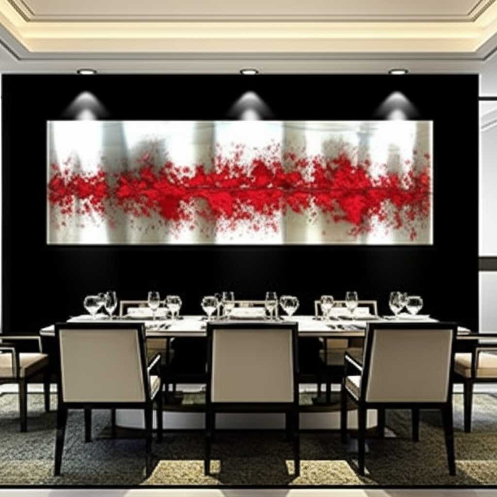 A dramatic, large-scale abstract metal art piece serving as a stunning focal point in a chic, contemporary dining room.