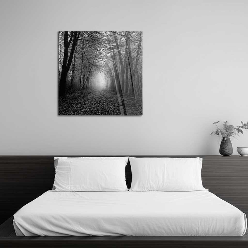 A calm and inviting bedroom setting. Above the headboard, a medium-sized generic metal print features a serene black and white photograph of a misty forest.