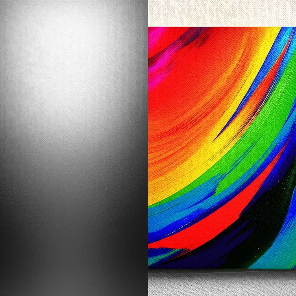 A conceptual split-image: one half shows a sleek, vibrant generic abstract art on a metal panel, the other half shows a similar abstract art on a traditional canvas, highlighting differences in sheen, edge, and perceived depth.