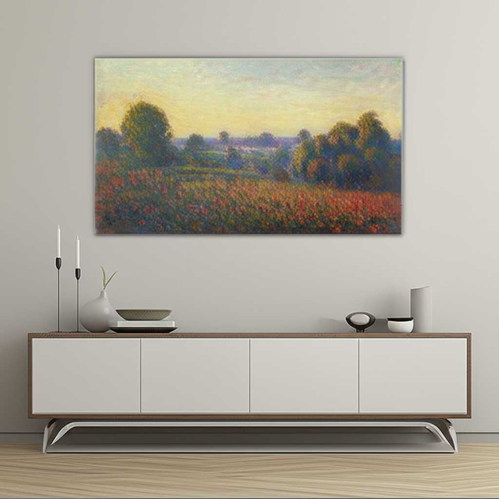 Elegant dining room with Impressionist-style metal art as a focal point