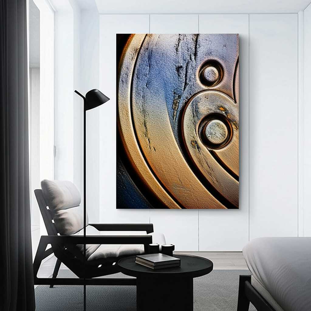 Metal art with textured, glossy finish in a well-lit room, showing light interaction from window and spotlight