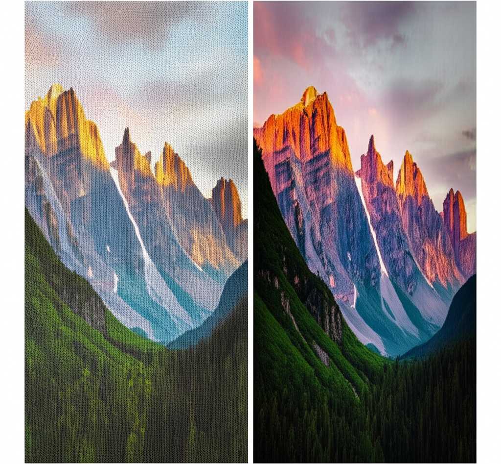 A side-by-side comparison. On the left, a traditional canvas print of a landscape looks soft and matte. On the right, a premium metal print of the same landscape is incredibly sharp, with vibrant colors and a noticeable glossy sheen that reflects the light.