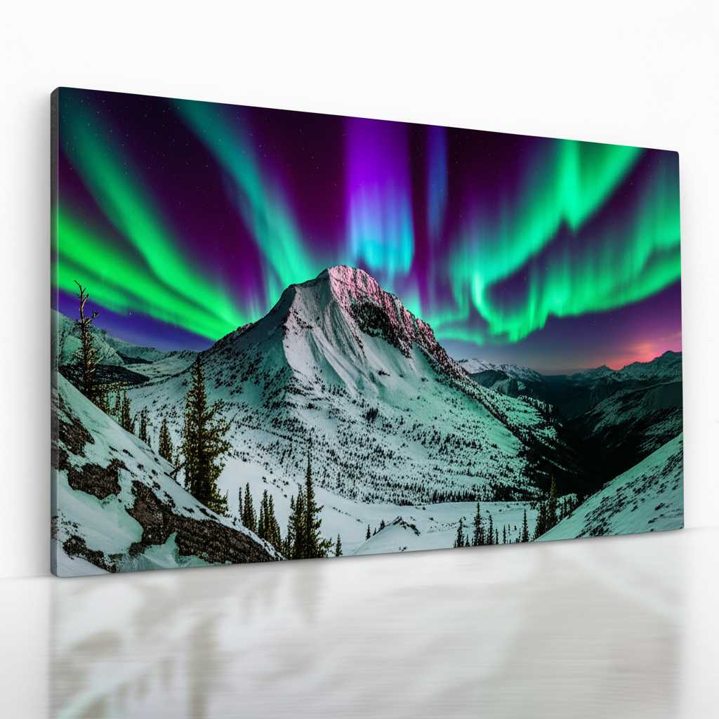 Breathtaking landscape photograph (aurora borealis) on metal, showcasing incredible sharpness, detail, and color depth