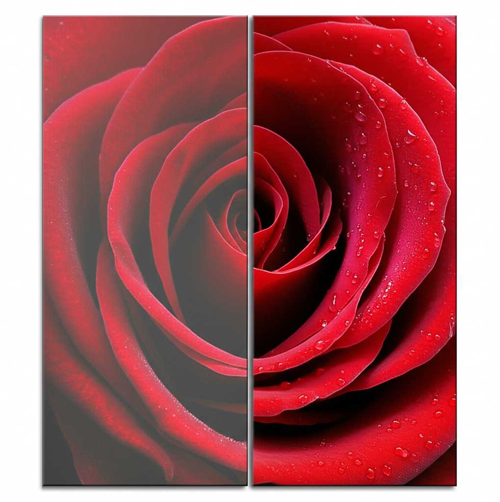 Conceptual split image: left side shows a slightly faded, flat canvas print of a flower; right side shows the same flower as a vibrant, glossy, and subtly textured metal print.