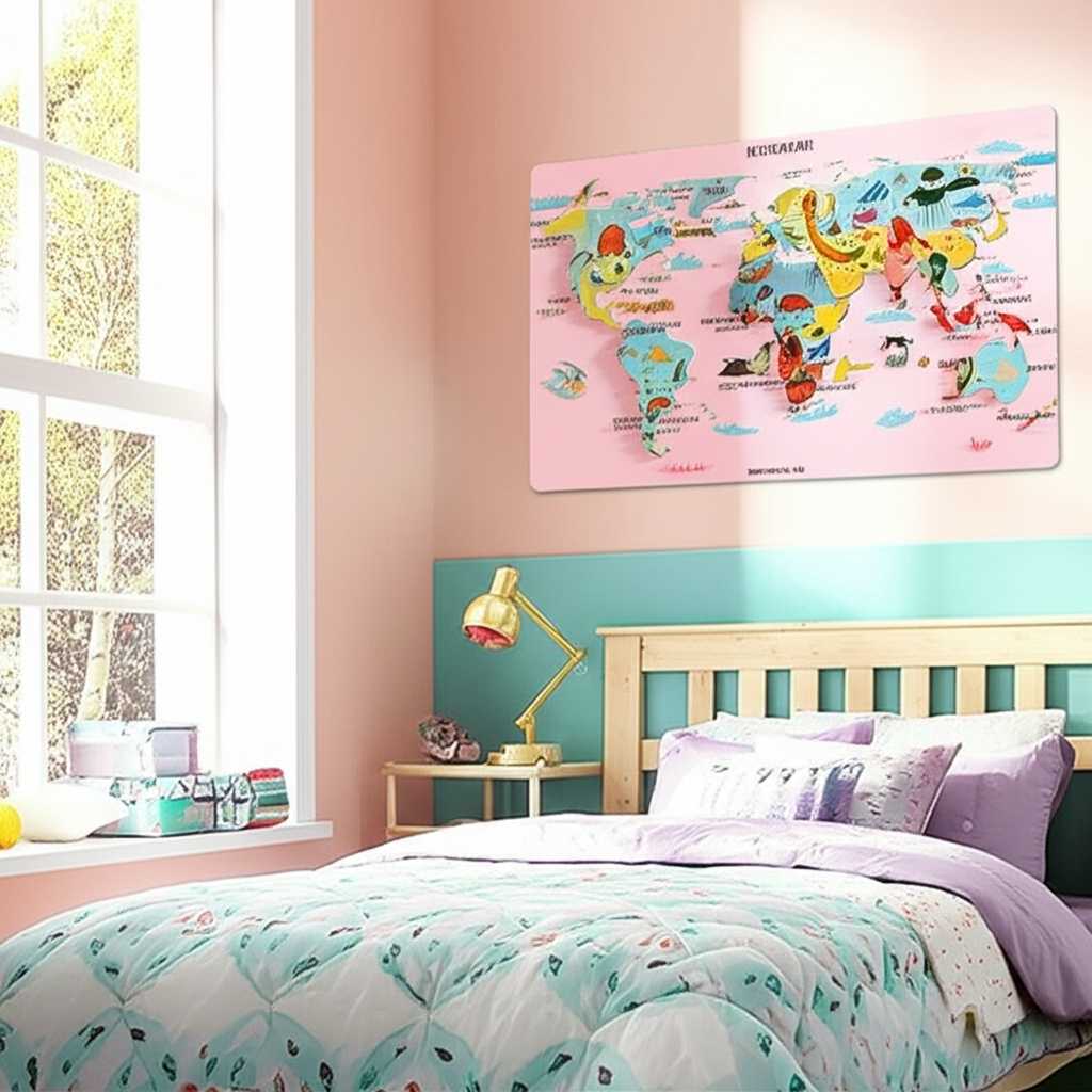 A child's bedroom where a colorful, age-appropriate metal art print (e.g., whimsical animals or a stylized map) is safely hung high on the wall, out of reach, adding a decorative and cheerful touch.