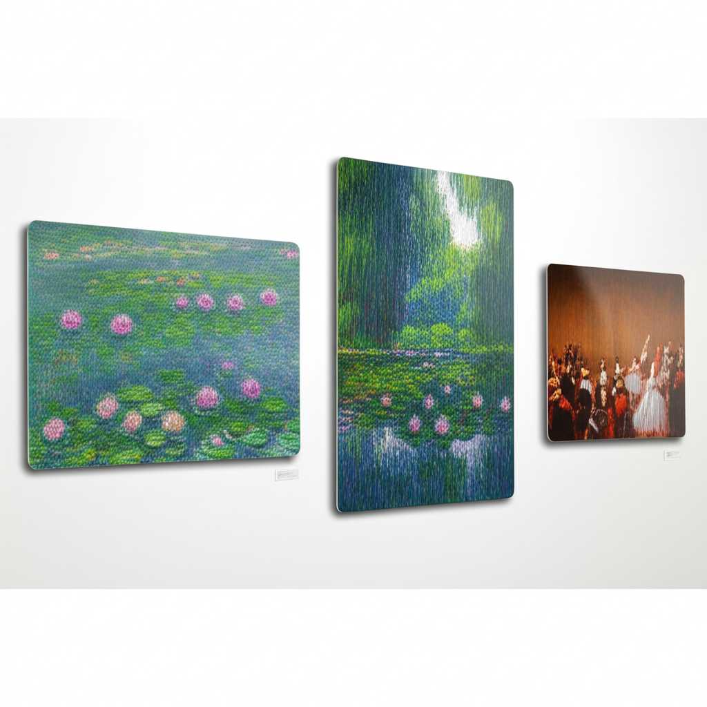 A triptych showing a classic painting reproduction, a modern abstract piece, and a vibrant photograph, all as metal prints.