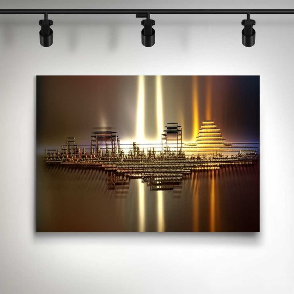 A metal art piece on a gallery wall illuminated by sleek, modern track lighting, emphasizing its colors and sheen.
