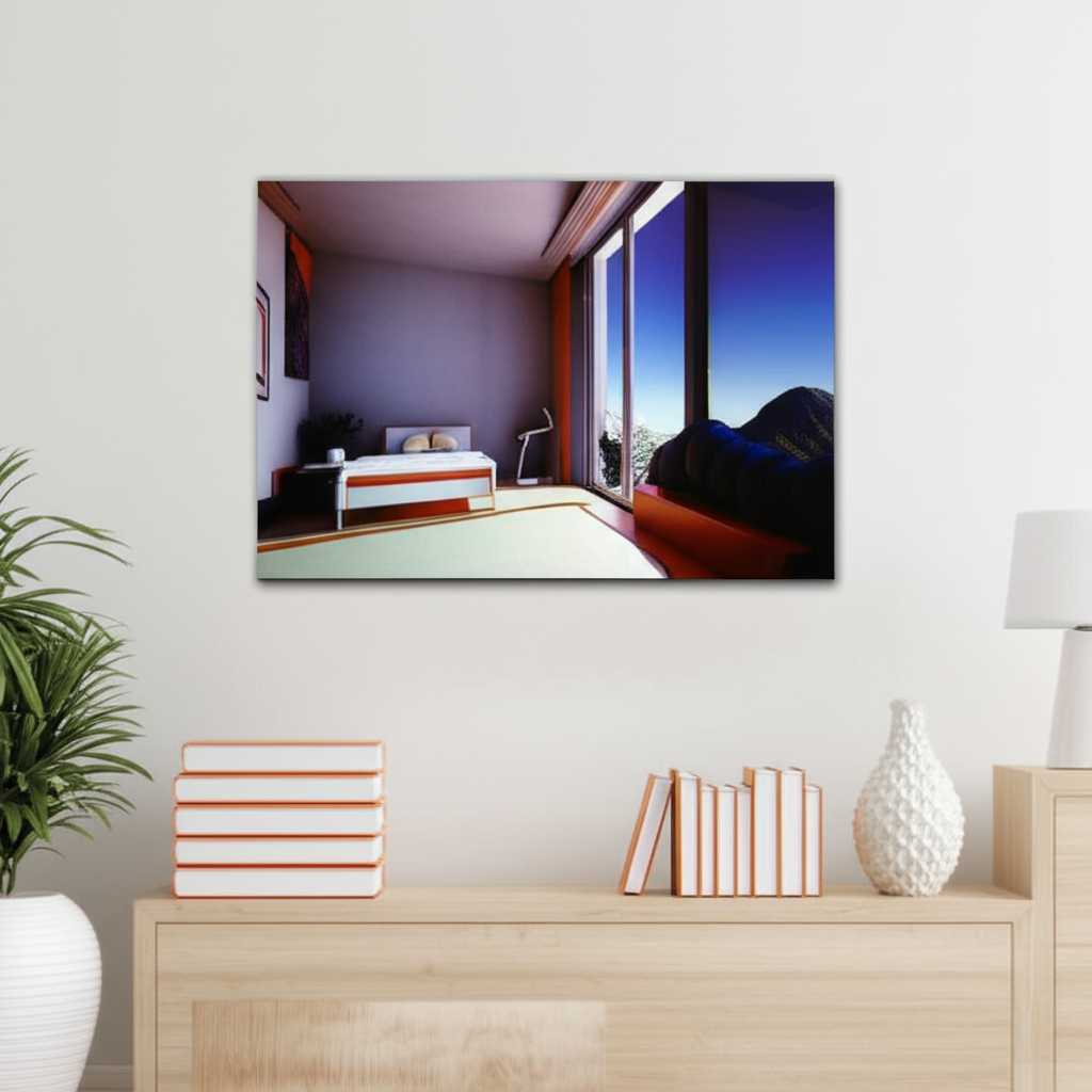 Elegant minimalist room with a metal print having an incredibly glossy, reflective surface, mirroring an artistic, distorted view of the room.