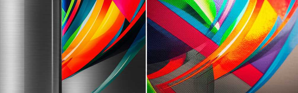 Alt: A side-by-side conceptual comparison of a vibrant, glossy metal print and a traditional canvas print, highlighting material differences.