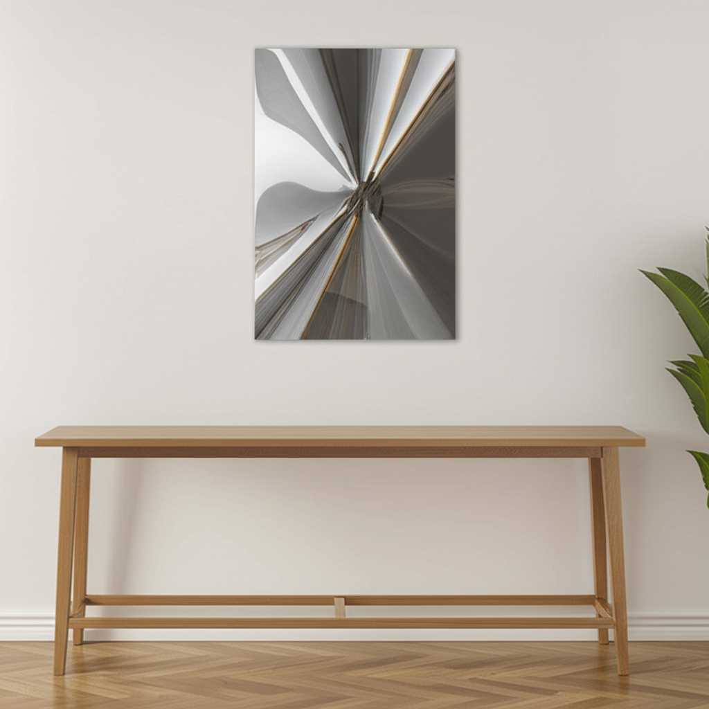 A modern metal art print hung perfectly above a console table in an entryway, demonstrating the 6-8 inch gap and 2/3 width rule.