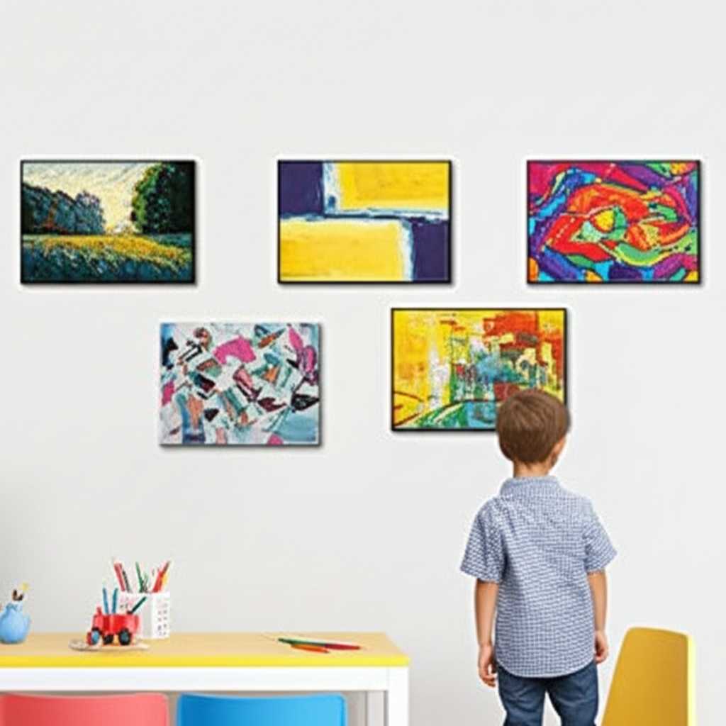 A child looking thoughtfully (from a safe distance) at a series of vibrant metal prints depicting different art styles (e.g., impressionism, abstract, pop art) safely mounted on a classroom or playroom wall.