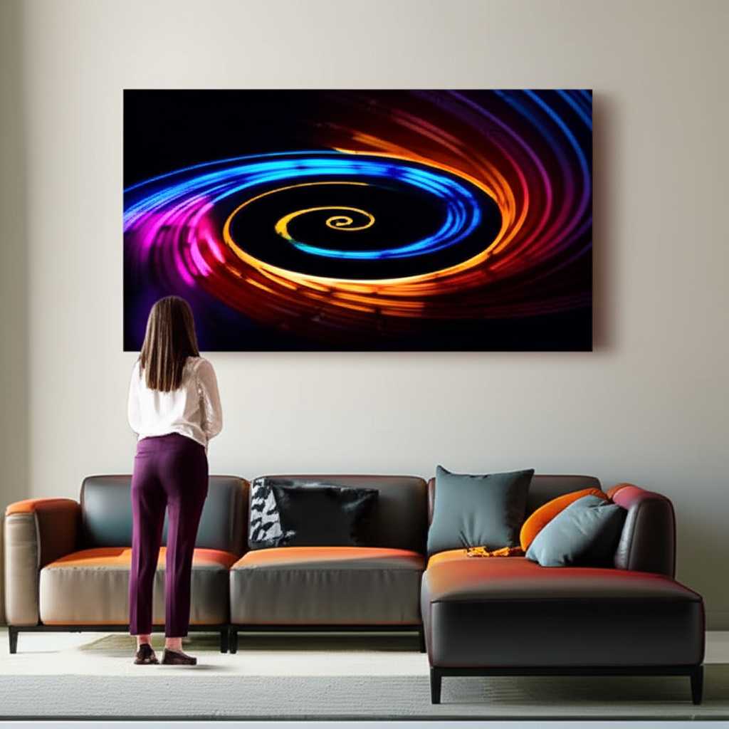 A woman with her back to the camera, standing in a minimalist art gallery and looking at a large, abstract metal art piece that explodes with a vibrant mix of warm and cool colors. The lighting is dramatic, highlighting the texture and glossy finish of the art.