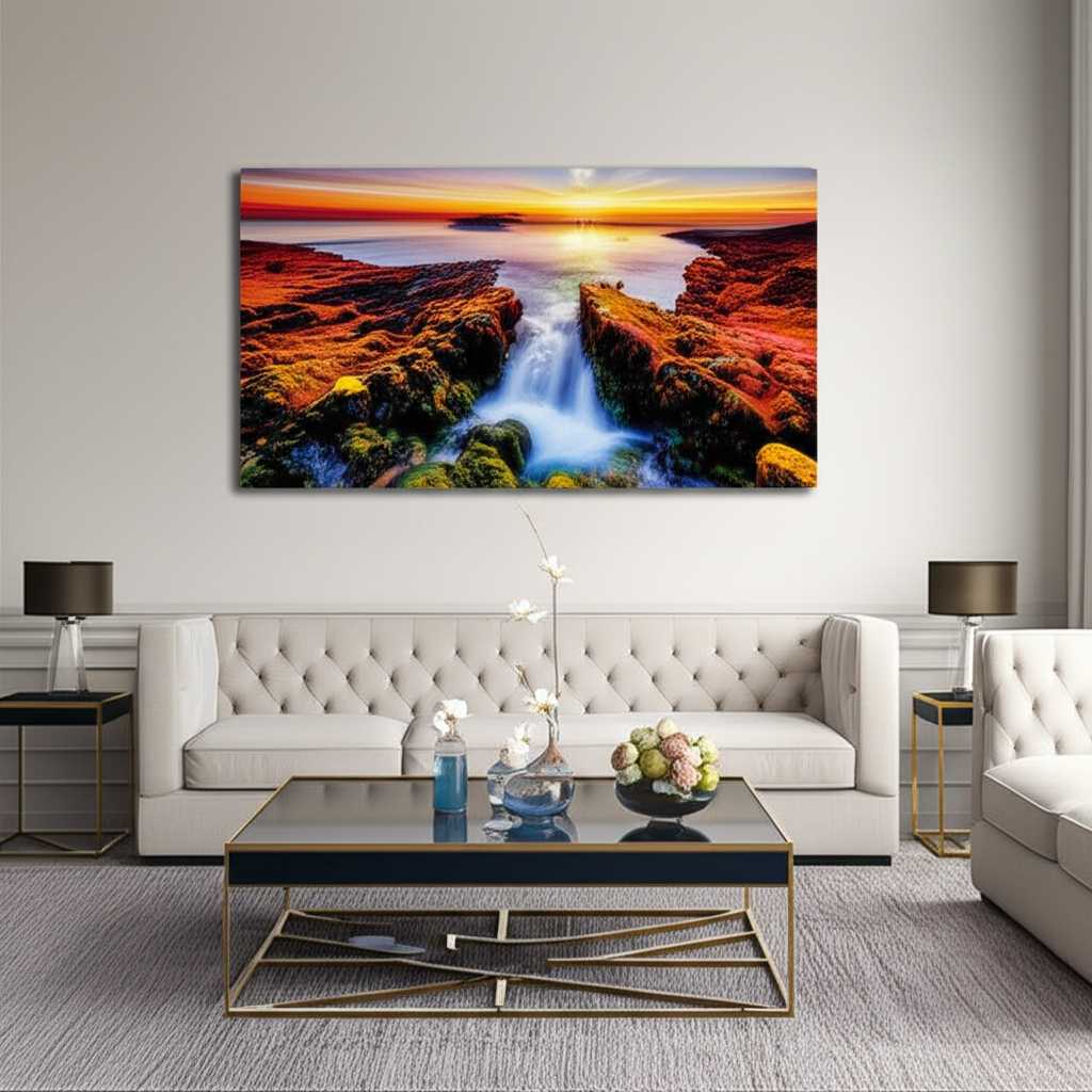 A large, vibrant metal print acting as a focal point in a stylish living room.