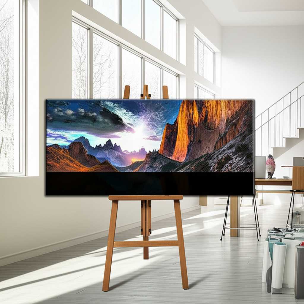Modern artist's studio with a stunning, detailed landscape on a large metal print illuminated by natural light