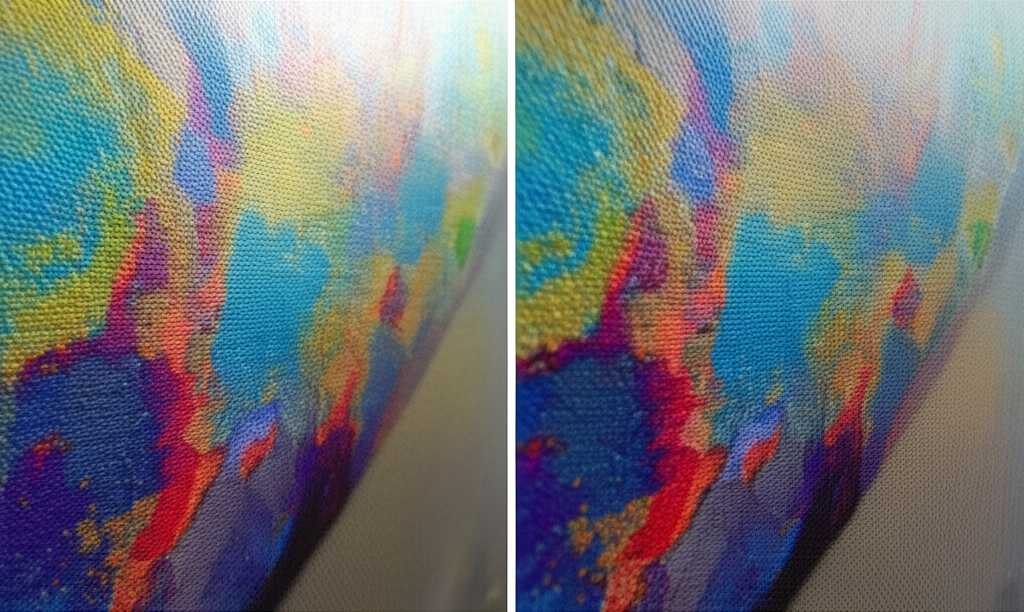 A dynamic split-panel image. Left side: a vibrant, detailed macro shot of an artwork on a textured, glossy metal surface. Right side: the exact same artwork detail printed on traditional canvas, highlighting the textural difference of the canvas weave and a more matte finish.