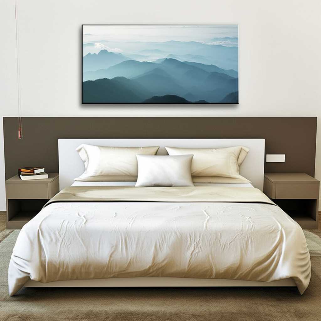 A serene bedroom with a calming landscape photo printed on a sleek metal panel above the bed. The colors are muted and peaceful.