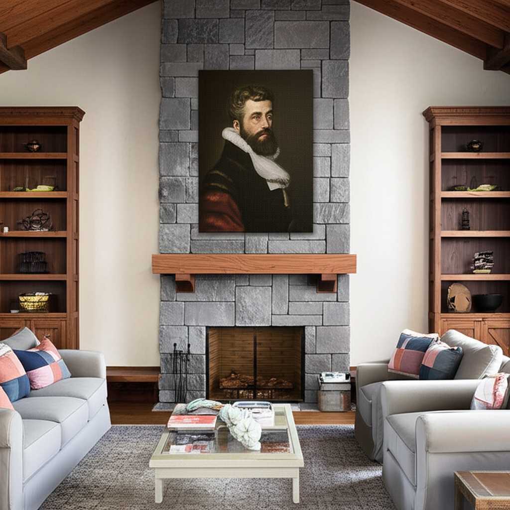 Cozy traditional living room with a classic portrait on canvas above a fireplace, warm lighting highlighting canvas texture