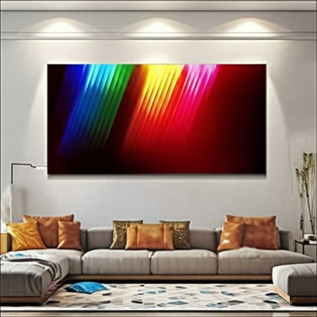 A chic, contemporary living room with a large, vibrant abstract metal print hanging above a sleek sofa. The room features modern furniture, a textured rug, and strategic accent lighting on the artwork.