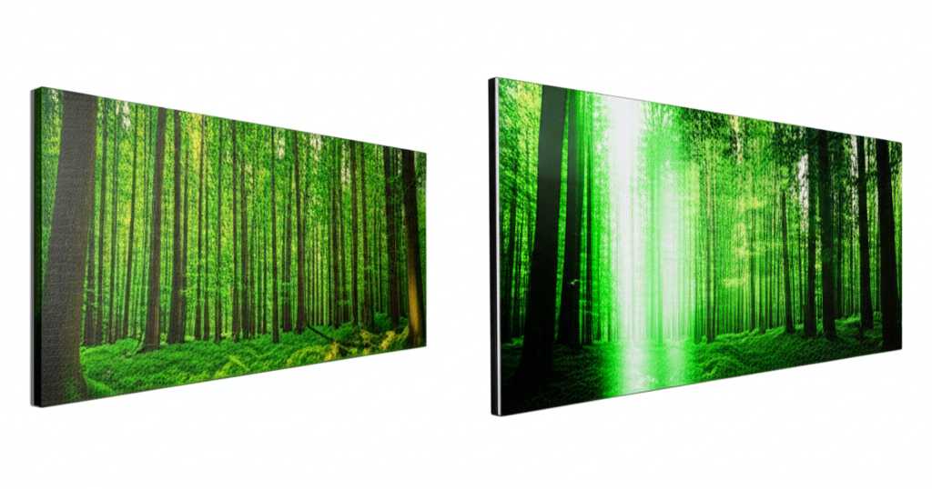 A conceptual split-image showing the difference between canvas and a glossy metal print.