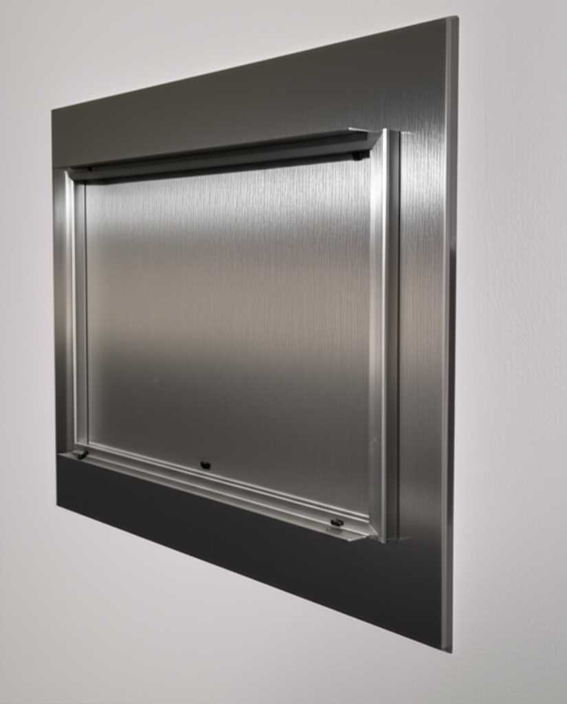 A metal art piece on a wall, shot from an angle to clearly show the floating mount system creating a shadow and sense of depth.