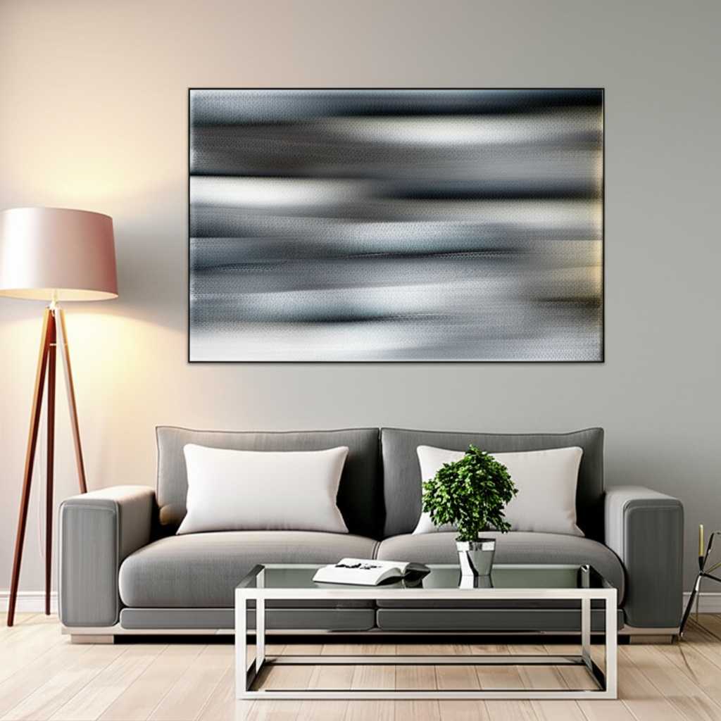 A beautifully lit living room where a large, abstract metal art piece hangs perfectly centered above a modern sofa, creating a stunning focal point. The lighting subtly highlights the potential textures and sheen of metal art.