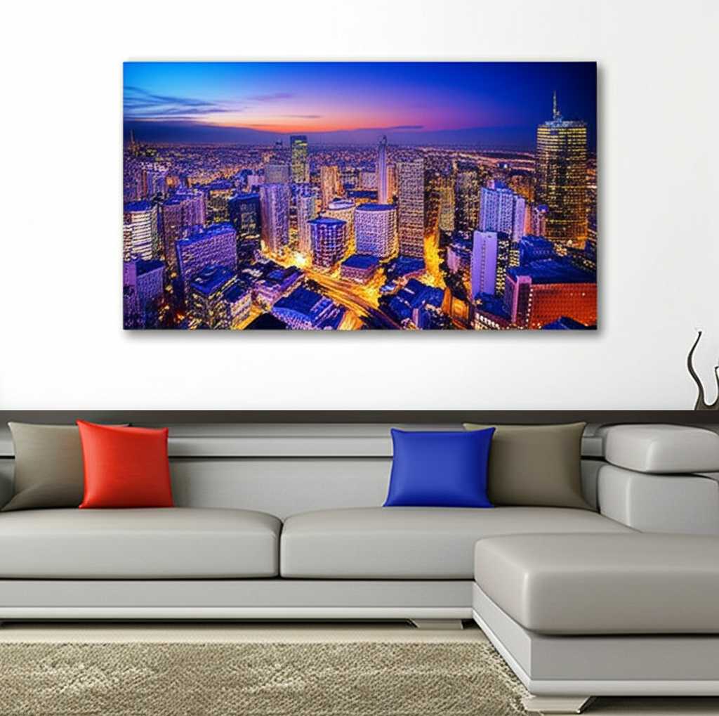 A chic modern living room where a large panoramic metal print of a cityscape at twilight is hung above a sleek sofa, complemented by accent pillows in similar cool tones.