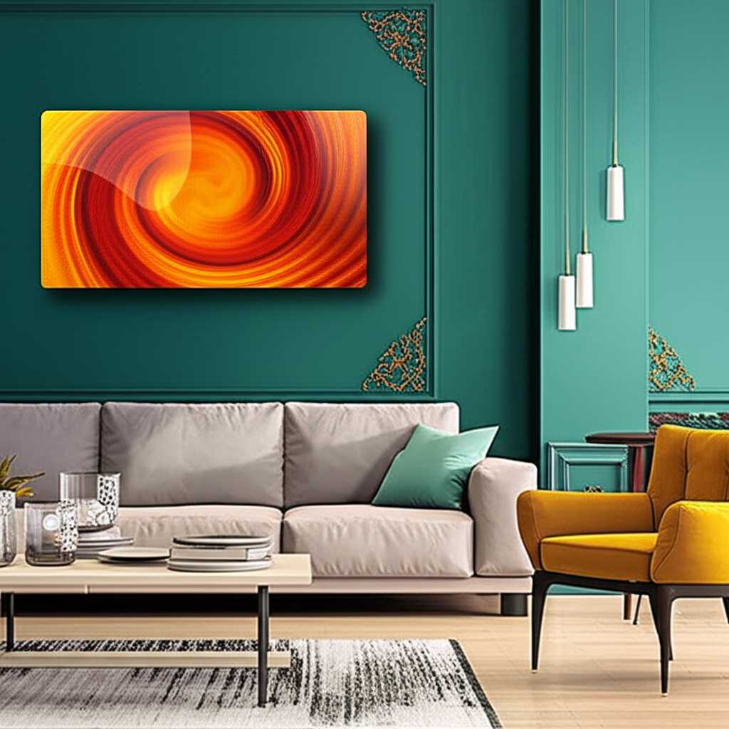 A beautifully designed modern living room where color psychology is evident, featuring a calming blue accent wall with a complementary abstract metal print in warm, uplifting tones.