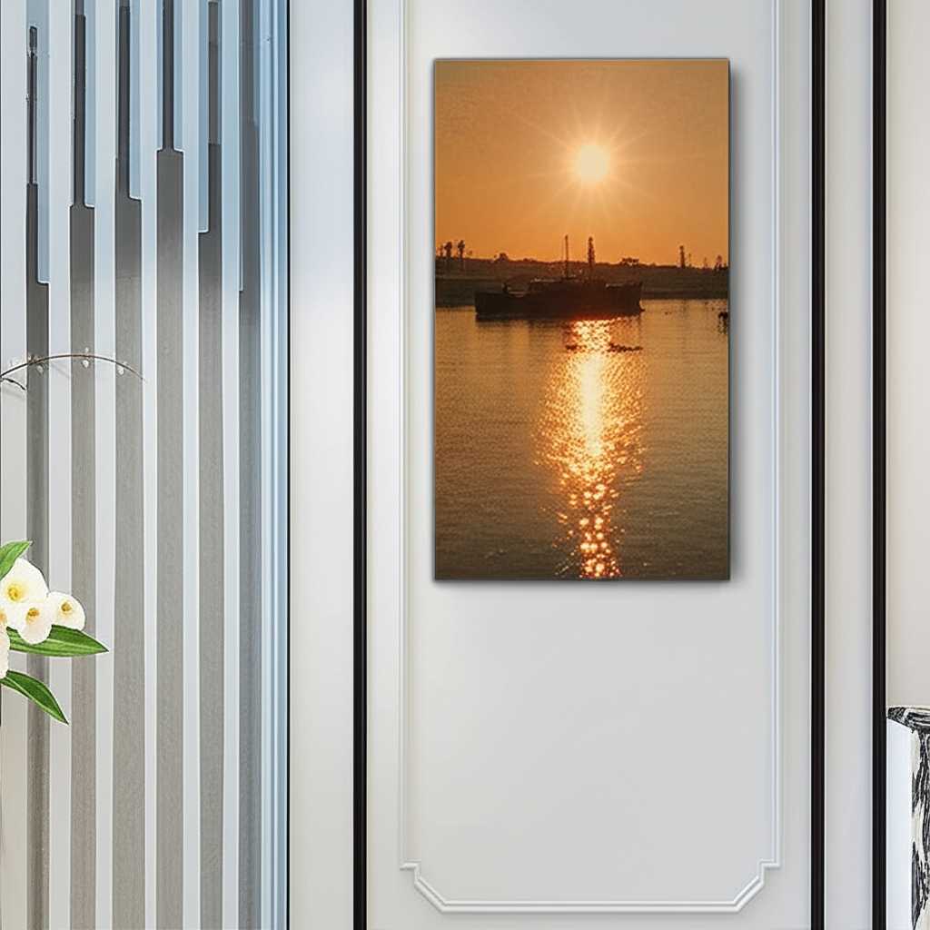 A metal print featuring a detail from a Monet painting hangs in a classically styled room with modern touches. The light from a nearby window catches the print's glossy surface, making the water in the painting seem to shimmer realistically.