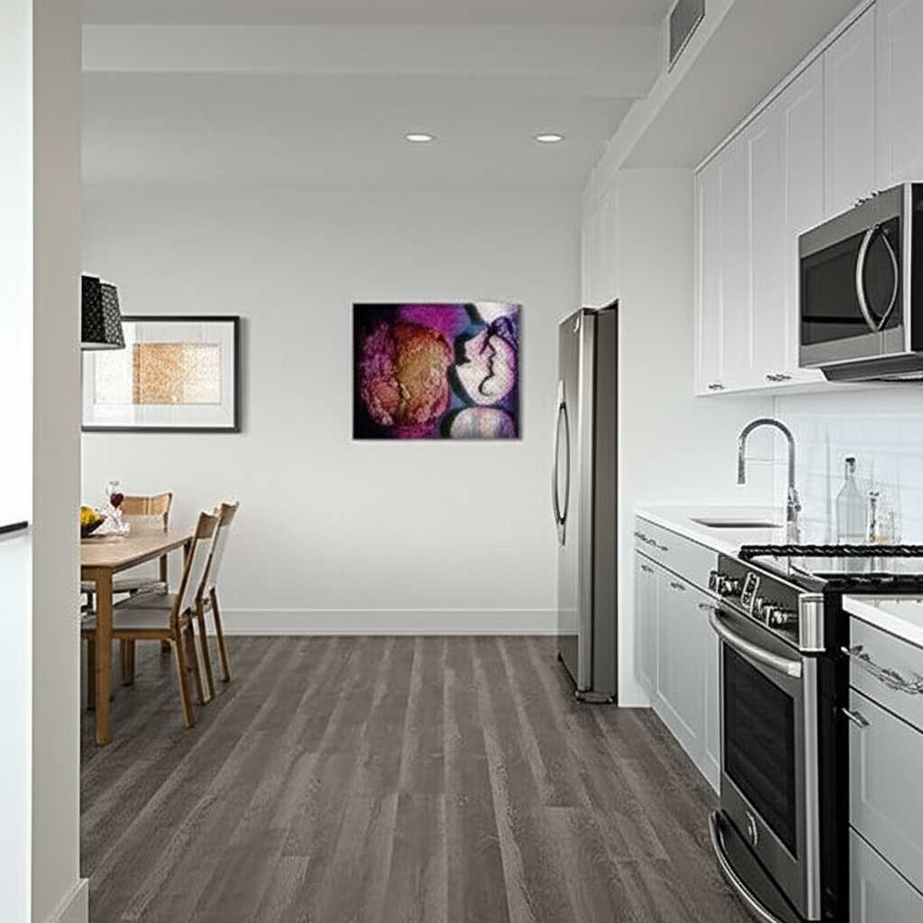 A modern, open-plan kitchen and dining area. A vibrant, food-themed or abstract metal print is hung on the dining area wall. The surfaces in the kitchen are sleek, and the metal art complements the contemporary appliances.