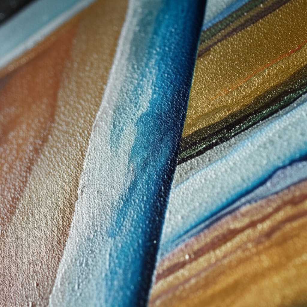 Abstract close-up of a metal surface with visible, artistic texture and a glossy sheen, catching light in a way that suggests Impressionist brushstrokes and color blending. Focus on the light play and tactile feel.