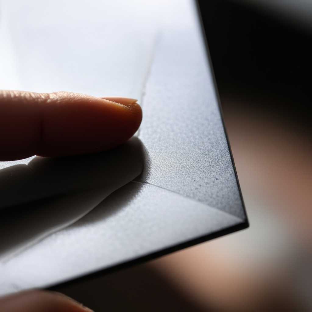 A close-up perspective shot of a hand gently touching the corner of a textured metal print, showing the interplay of light and shadow on its surface.