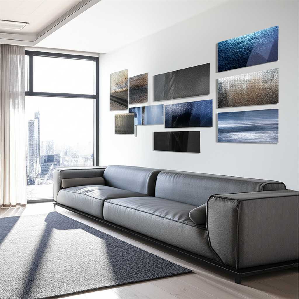 A beautifully arranged gallery wall of metal prints in a modern living room, acting as a stunning focal point.