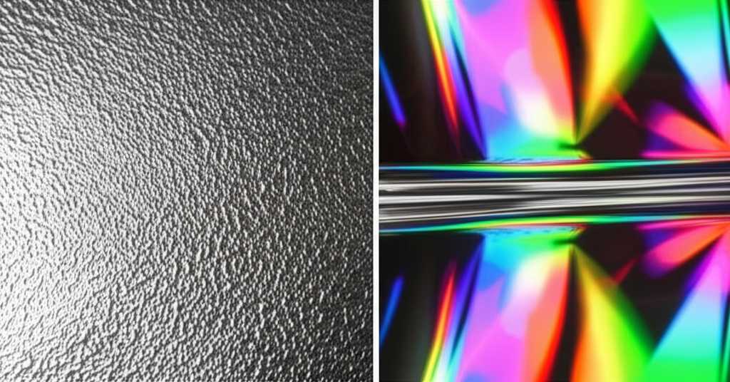 Close-up conceptual shot illustrating a textured metallic surface with light playing across it, hinting at UV printing, alongside a section showing a super glossy, reflective metallic surface.