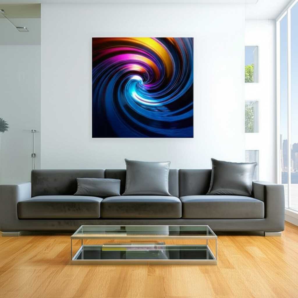 Vibrant abstract metal art in a sunlit modern living room, casting colorful light on a minimalist white wall.