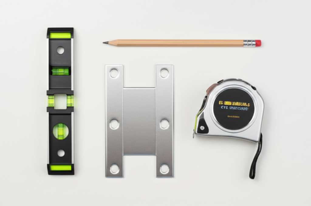 A flat lay of essential art hanging tools: a small level, measuring tape, pencil, and a conceptual diagram of an innovative, easy-to-use magnetic mounting system component.