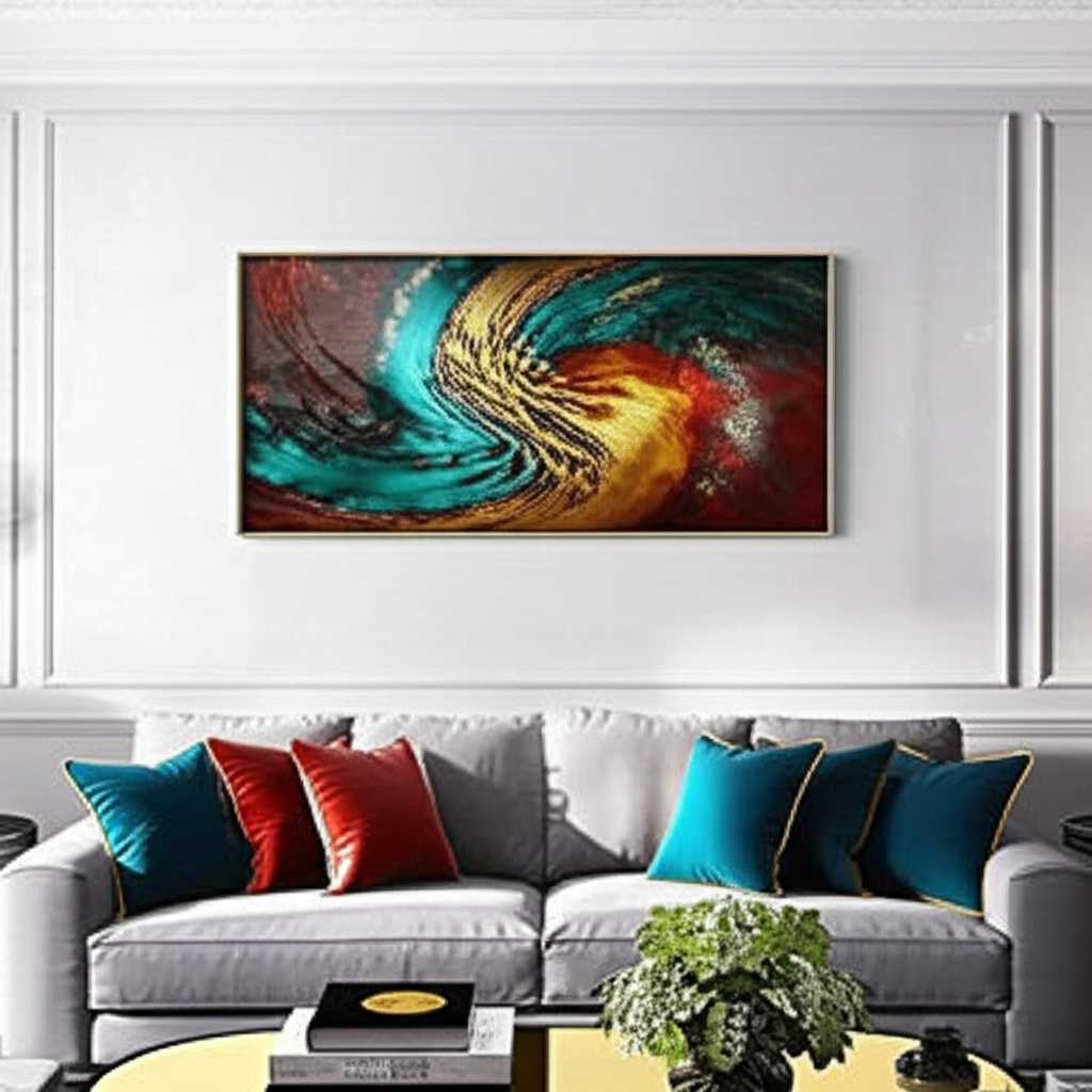 A beautifully designed modern living room where a large, abstract metal art piece with vibrant colors and a subtle sheen acts as the stunning focal point above a sleek sofa. The colors in the art pick up on accent colors in the room's decor.