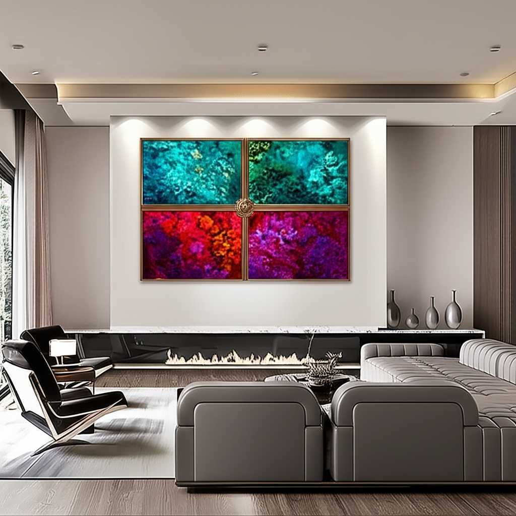 A stunning living room with a large, vibrant abstract metal art piece hung above a contemporary fireplace, acting as the room's centerpiece.