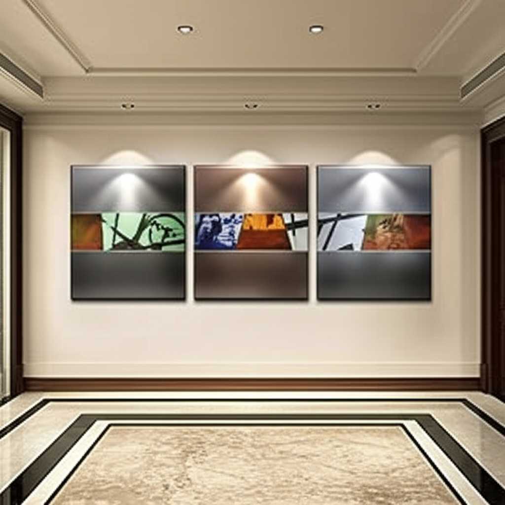 A well-lit hallway featuring a series of three coordinating metal art prints, perfectly spaced and illuminated by subtle ceiling spotlights.