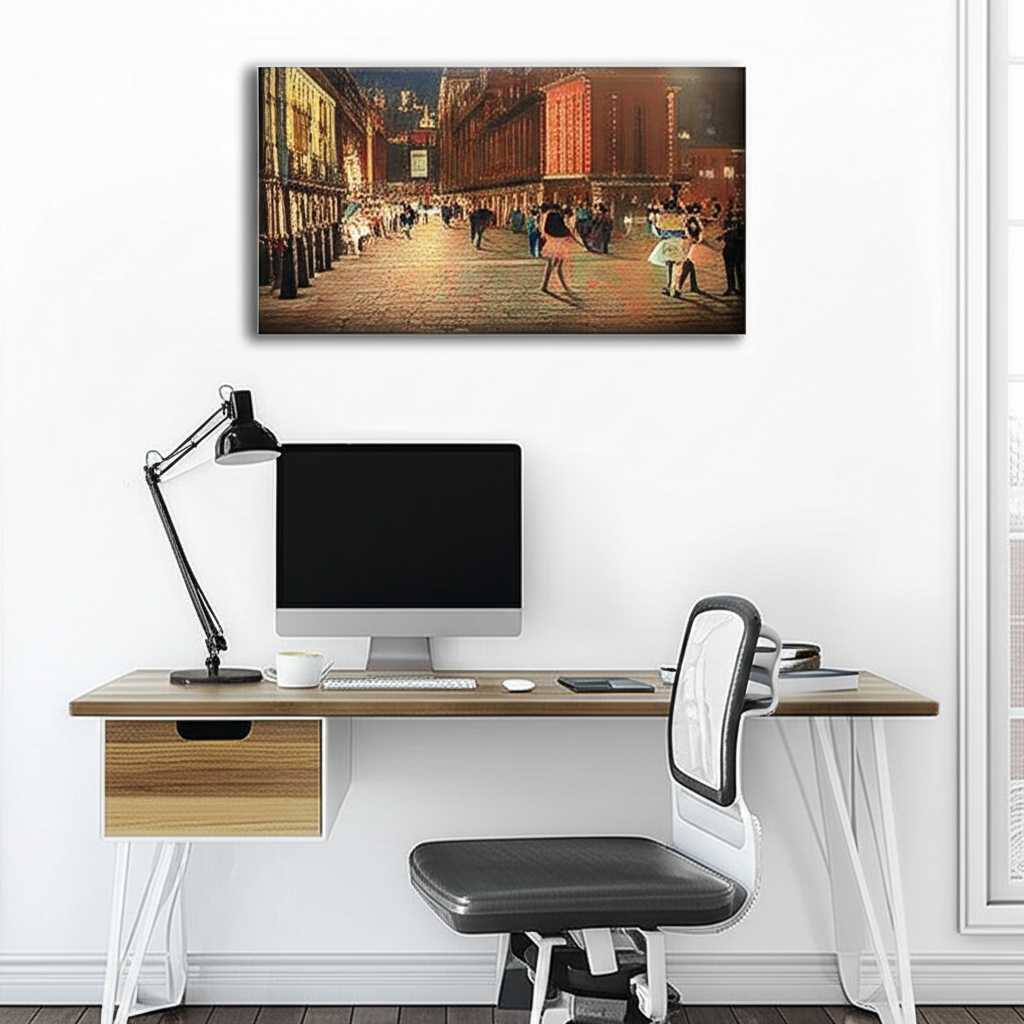Modern home office with dynamic Impressionist metal print